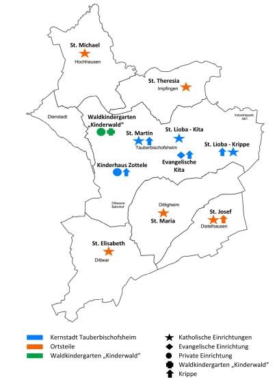 Standorte Kinderkrippen und Kindertagesstätten Karte der Standorte von Krippen- und Kindertageseinrichtungen in Tauberbischofsheim und Umgebung. Dargestellt sind: Kernstadt Tauberbischofsheim (blau), Ortsteile (orange), Waldkindergarten ‚Kinderwald‘ (grün). Die Symbole zeigen: Sterne für katholische Einrichtungen (z. B. St. Michael, St. Elisabeth), Rauten für evangelische Einrichtungen, Kreise für private Einrichtungen, Pfeile für Krippen (z. B. St. Lioba – Krippe), Kreuz für den Waldkindergarten ‚Kinderwald‘.