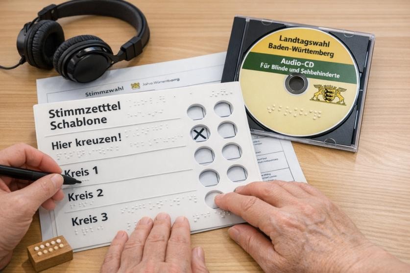 Die Stimmzettelschablone wird auf den Stimmzettel gelegt. 