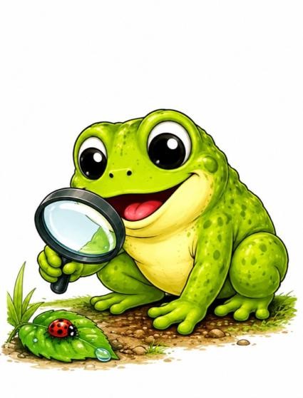 Gezeichneter grüner Frosch mit großen Augen hält eine Lupe und betrachtet damit einen Marienkäfer auf einem Blatt.