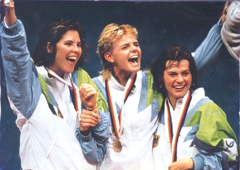 Olypmische Medaillen: Anja Fichtel (Gold), Sabine Bau (Silber), Zita Funkenhauser (Bronze)